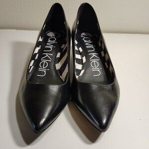 Calvin Klein Black Leather Pointed Toe Low Chunky Block Heel Pumps